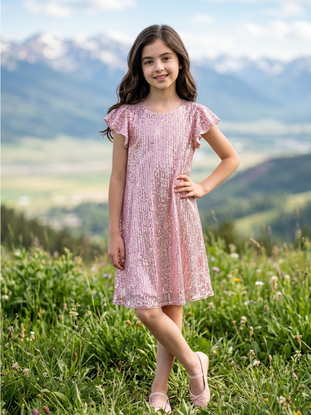 Grace Karin Girls' Rose Pink Sequin Flutter-Sleeve Party Dress